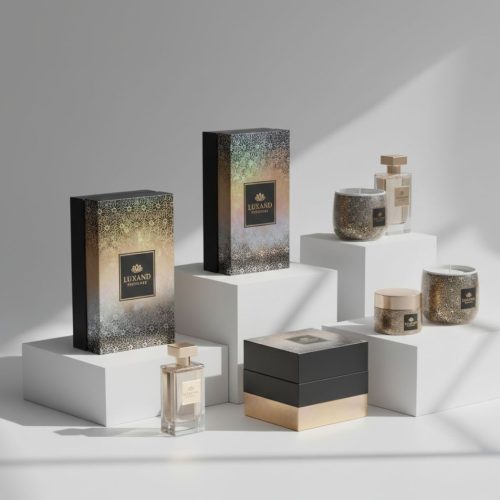 Retail display of custom boxes with cold foil printing.